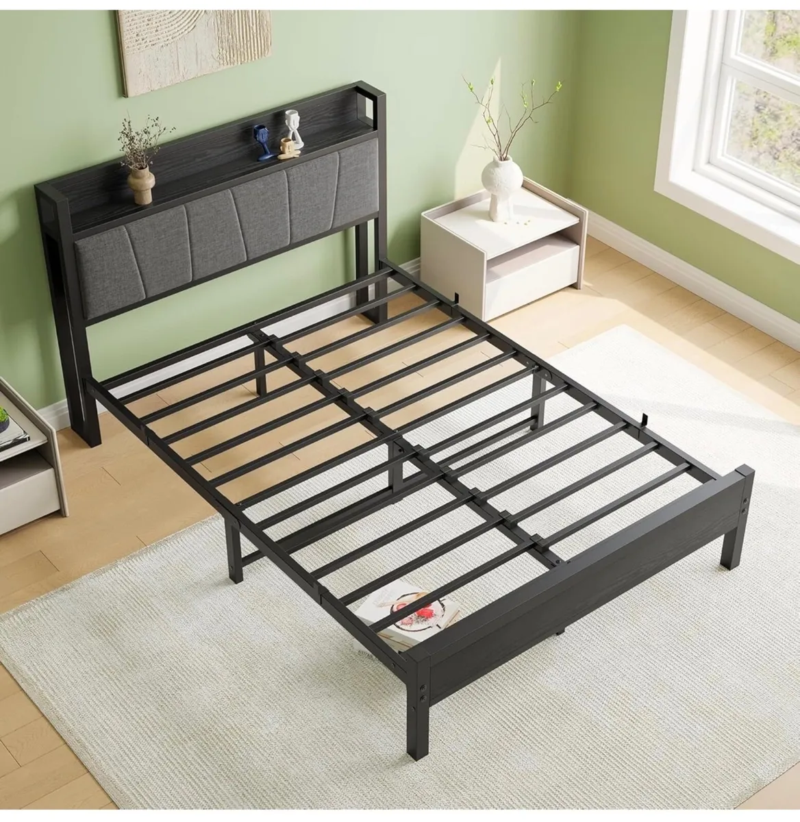 Double Bed Frames with Wooden Storage Headboard,He - Image 3