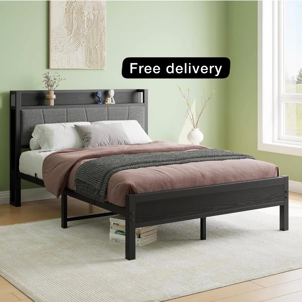 Double Bed Frames with Wooden Storage Headboard,He - Image 1