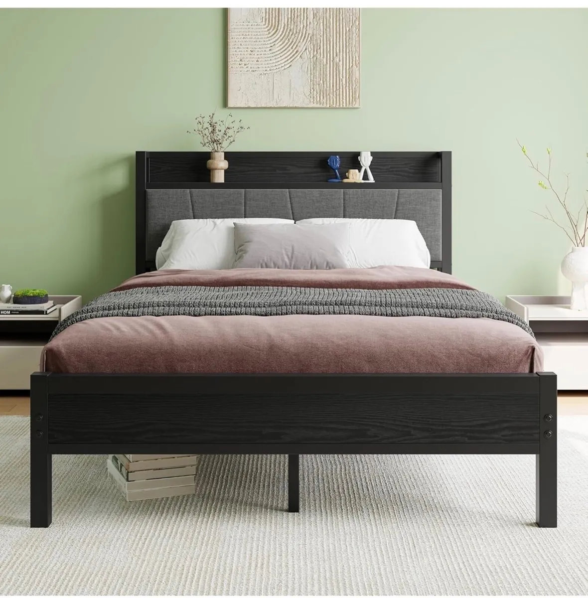 Double Bed Frames with Wooden Storage Headboard,He - Image 1