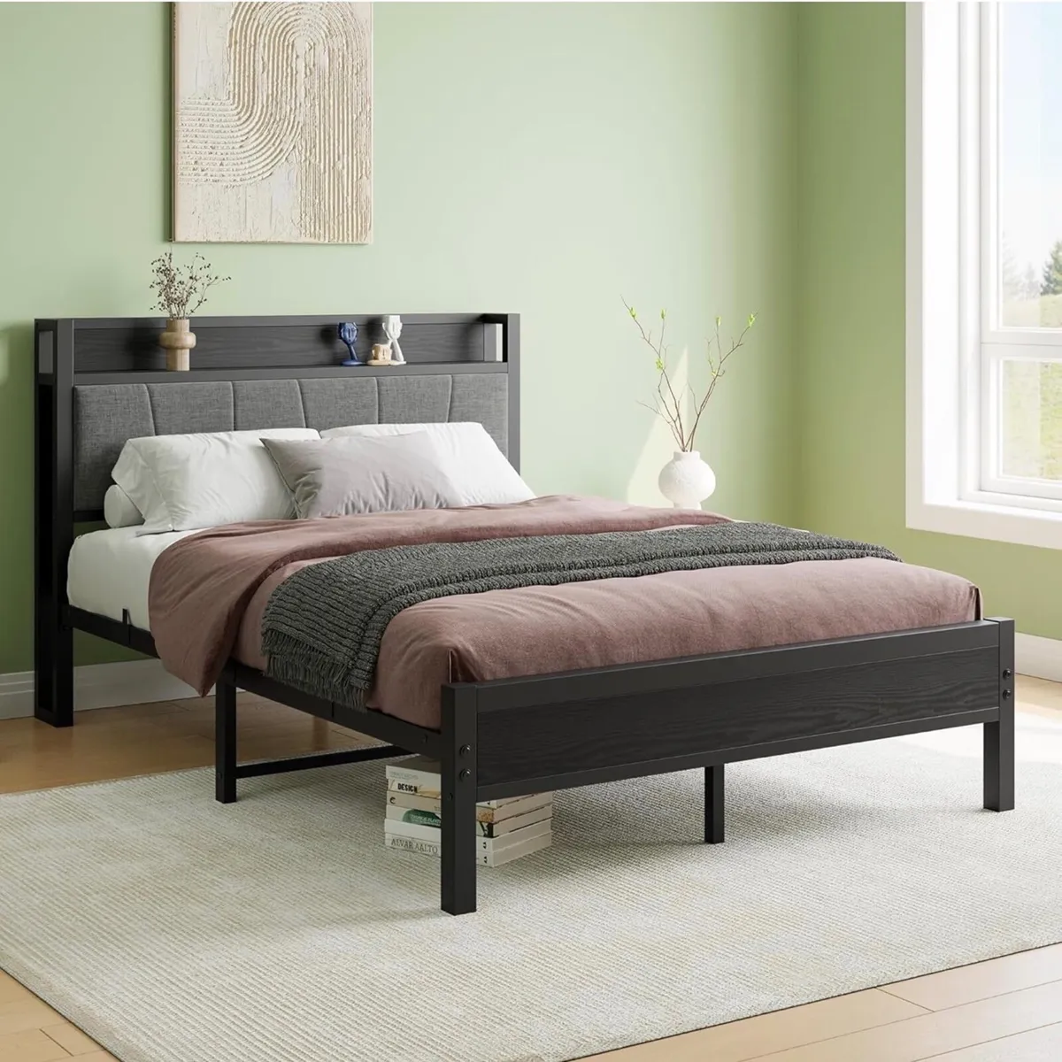 Double Bed Frames with Wooden Storage Headboard,He - Image 3