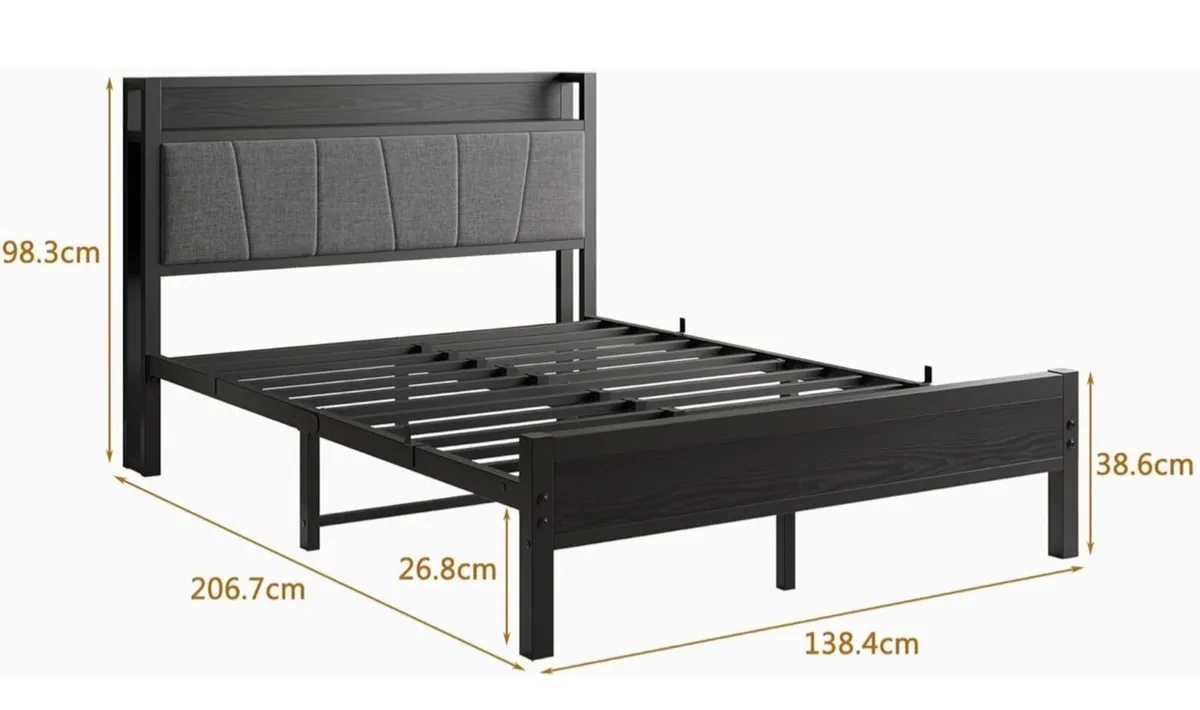 Double Bed Frames with Wooden Storage Headboard,He - Image 2