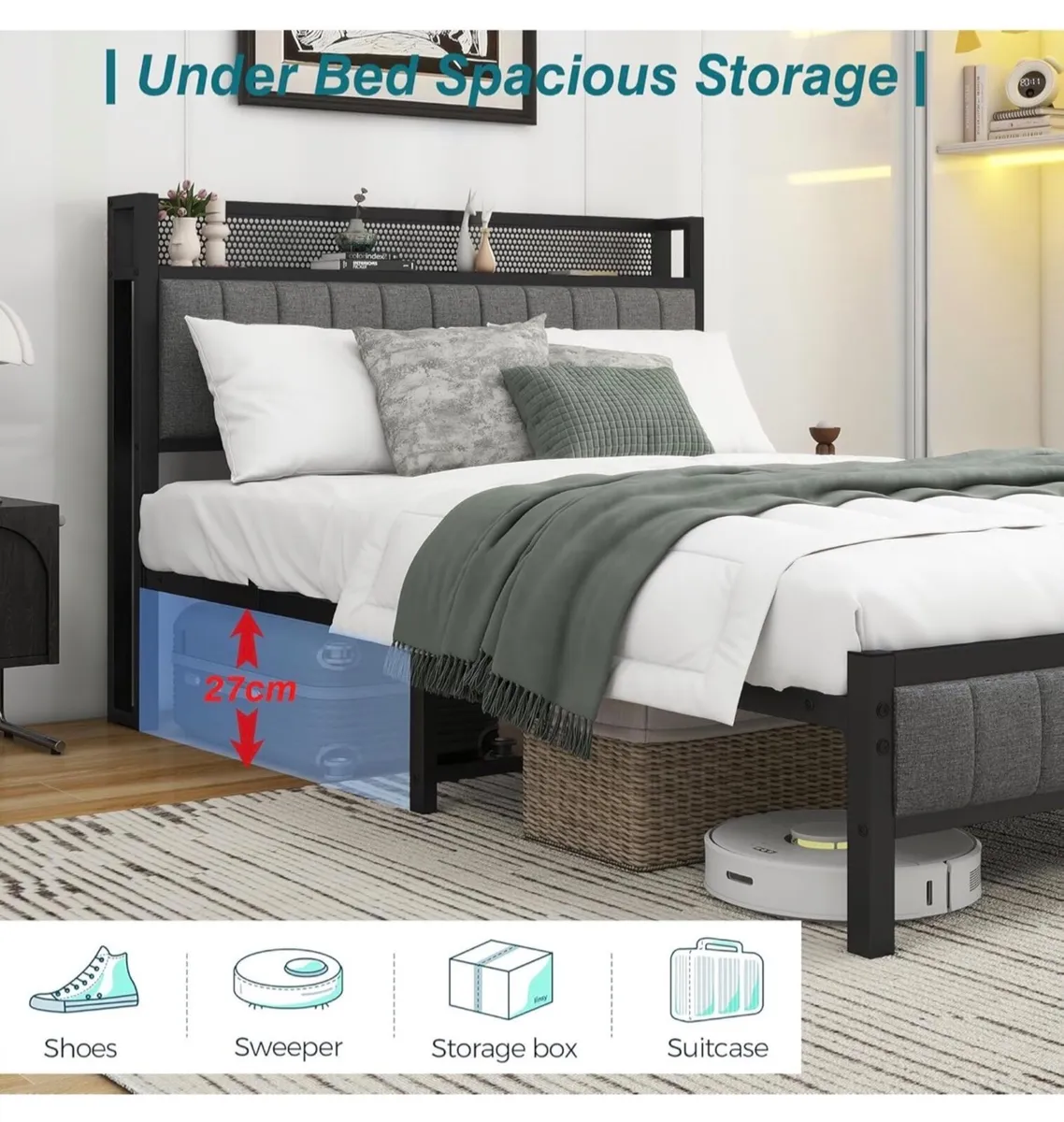 Double Bed Frame With Storage Headboard, Upholster - Image 4