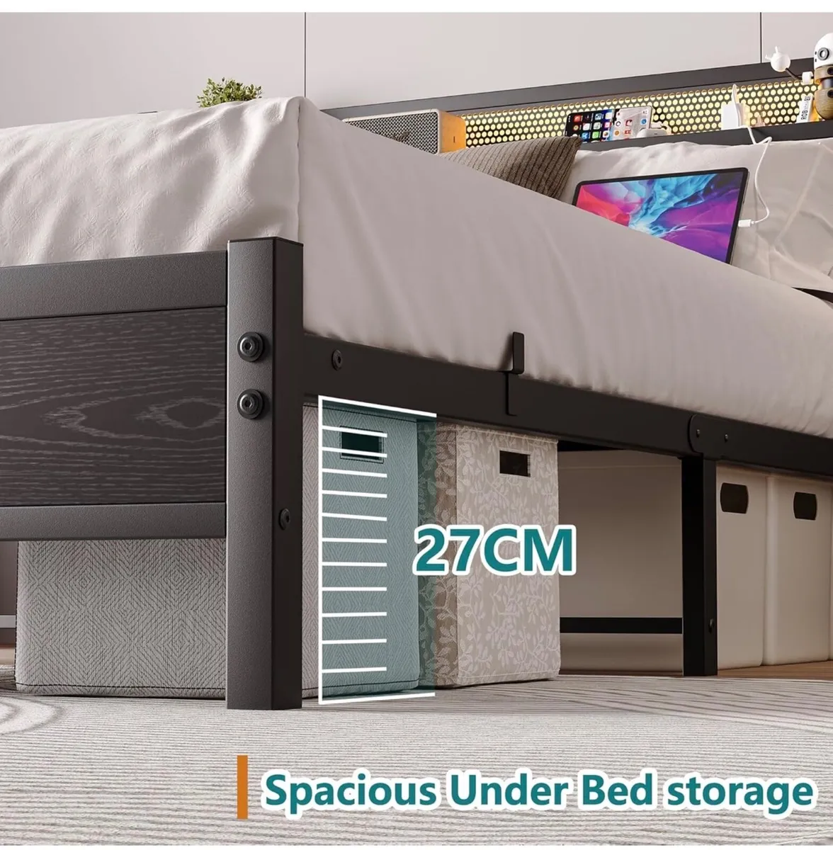 Double Bed Frame with LED Lights Storage Headboard - Image 2