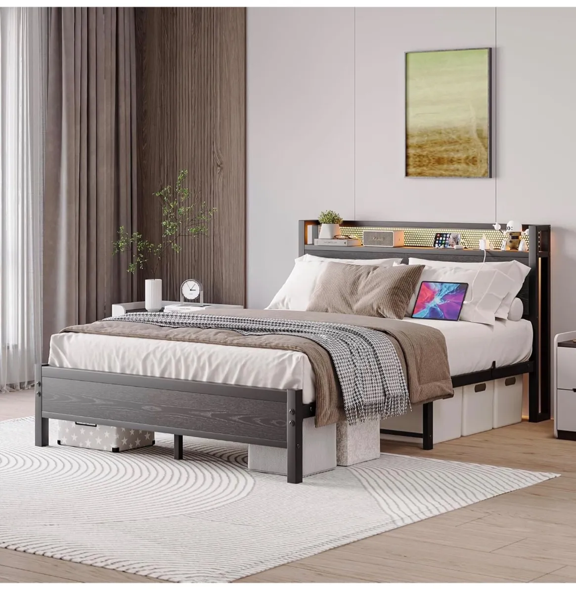 Double Bed Frame with LED Lights Storage Headboard - Image 1