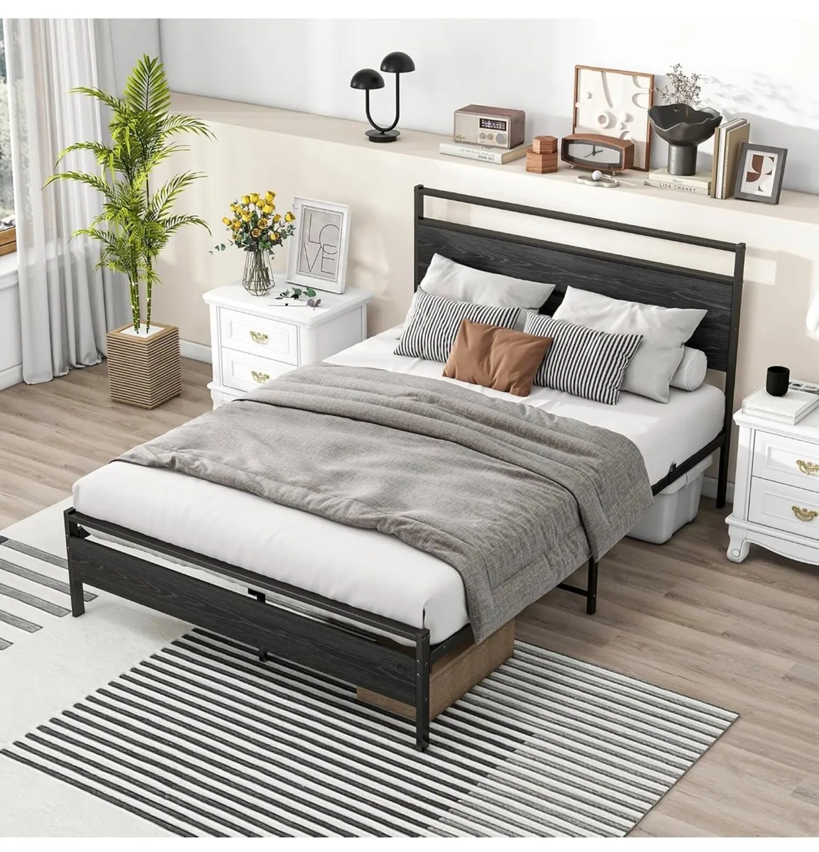Double Bed Frame with Wood Headboard,Metal Platfor - Image 2