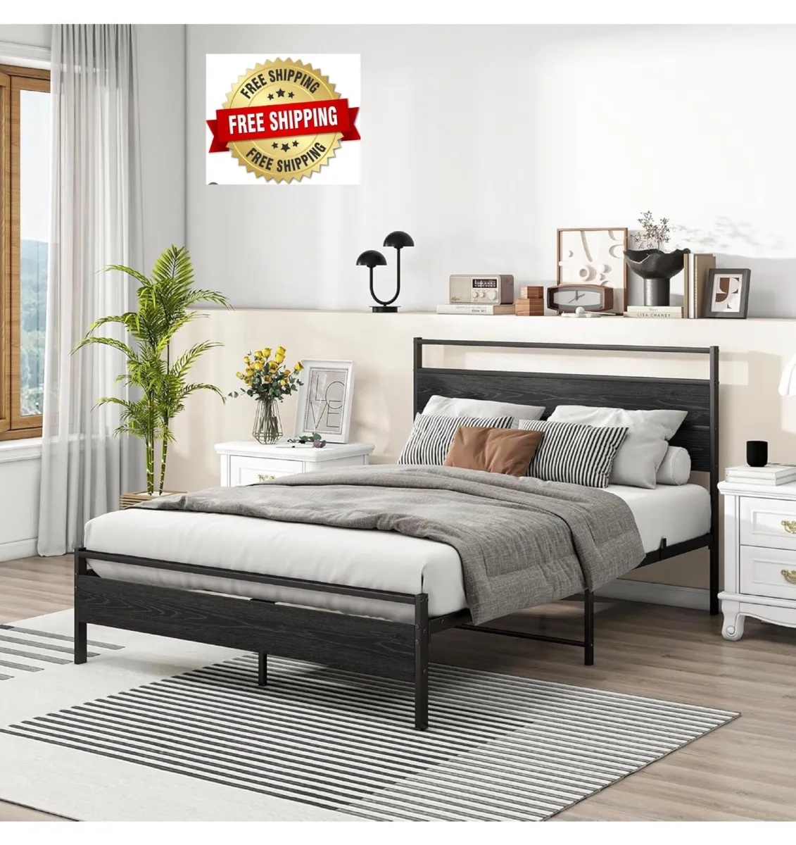 Double Bed Frame with Wood Headboard,Metal Platfor - Image 1