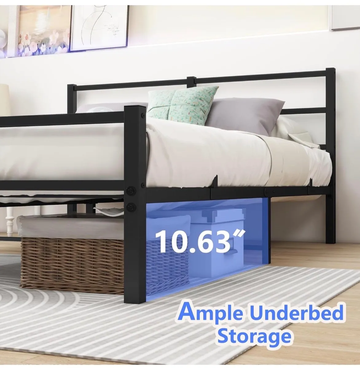 4ft6 Double Bed Frame with Headboard, Metal Slats - Image 4