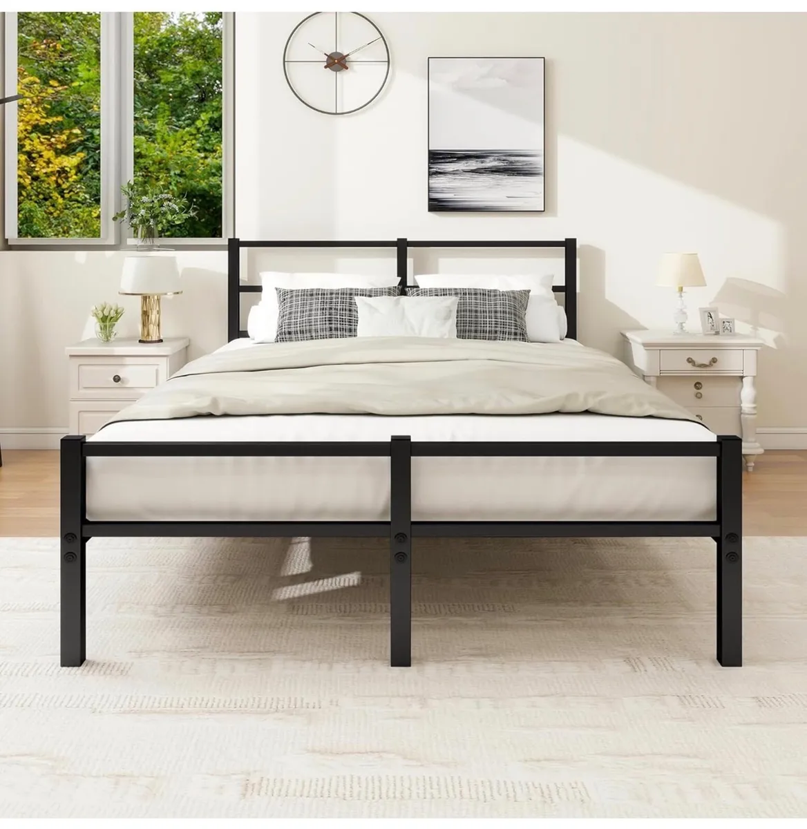 4ft6 Double Bed Frame with Headboard, Metal Slats - Image 1