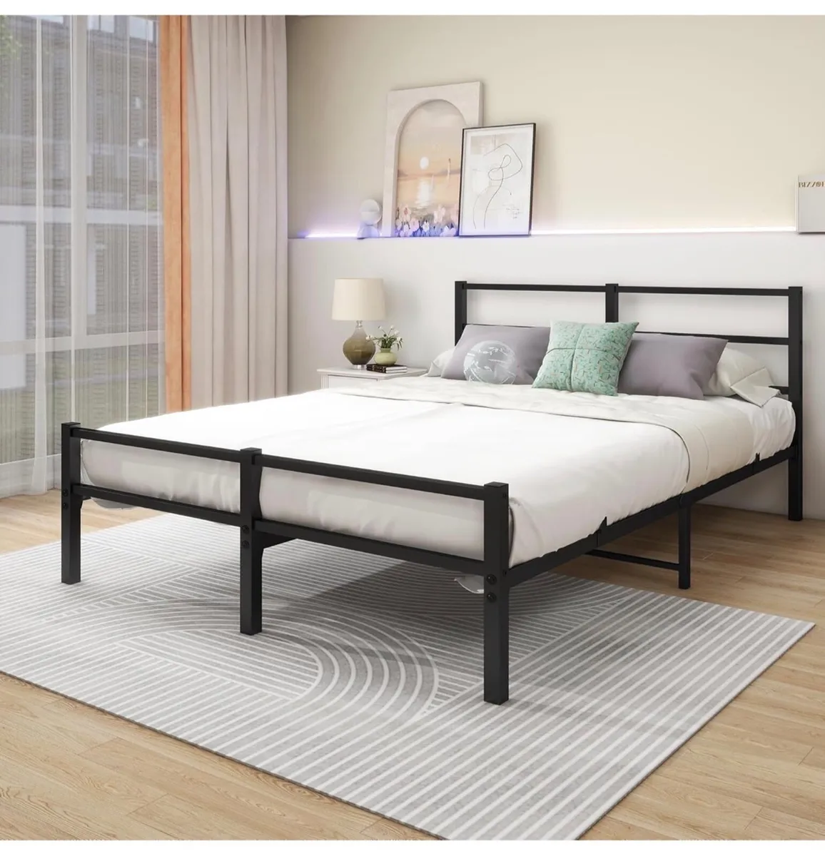 4ft6 Double Bed Frame with Headboard, Metal Slats - Image 2