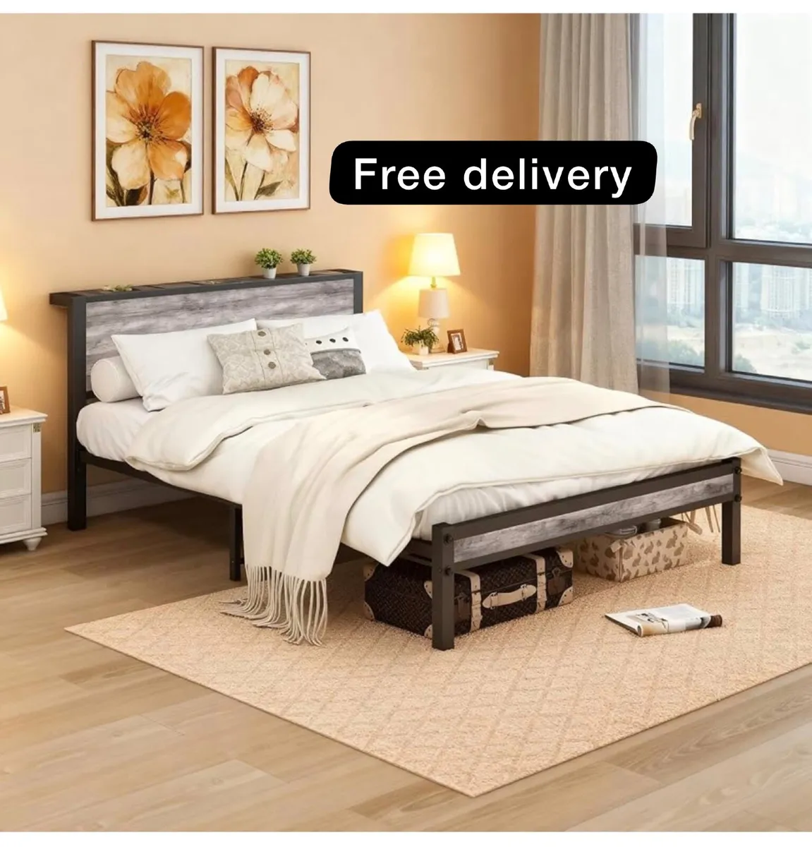 Double Bed Frames with Wooden Storage Shelf Headbo - Image 1