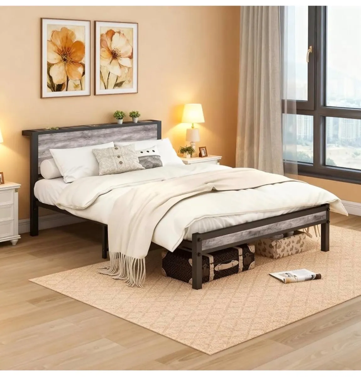 Double Bed Frames with Wooden Storage Shelf Headbo - Image 3