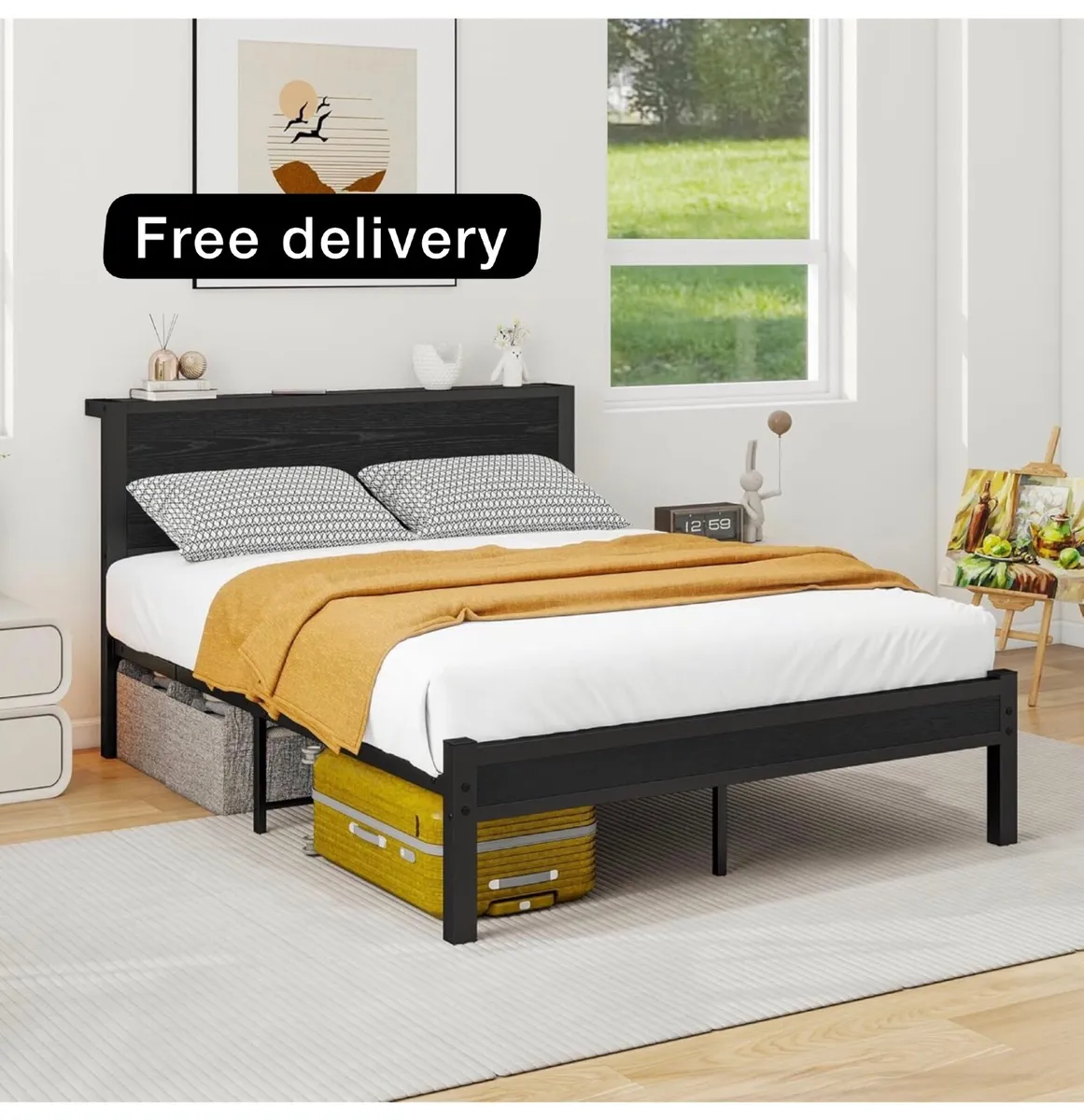 Double Bed Frame with Wooden Storage Shelf Headboa - Image 1