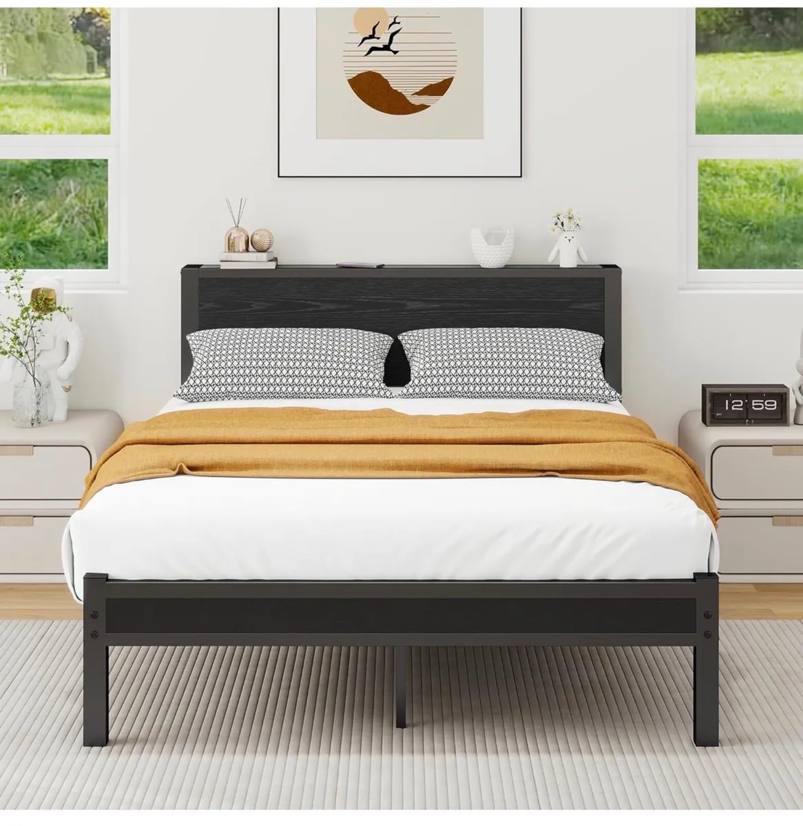 Double Bed Frame with Wooden Storage Shelf Headboa - Image 1