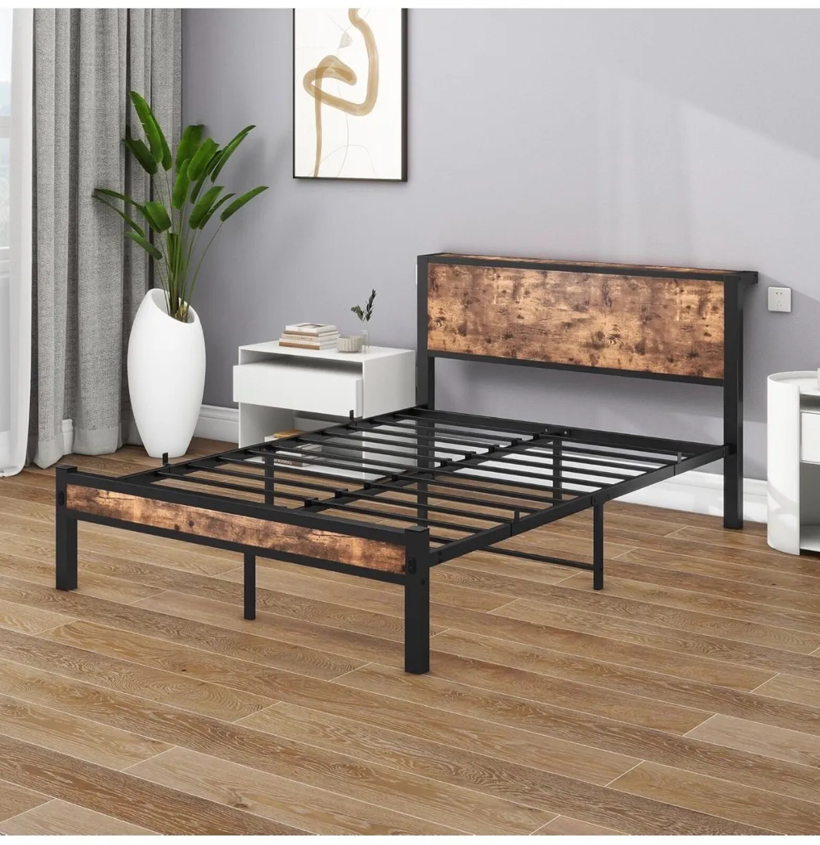 Double Bed Frame with Wooden Storage Shelf Headboa - Image 2