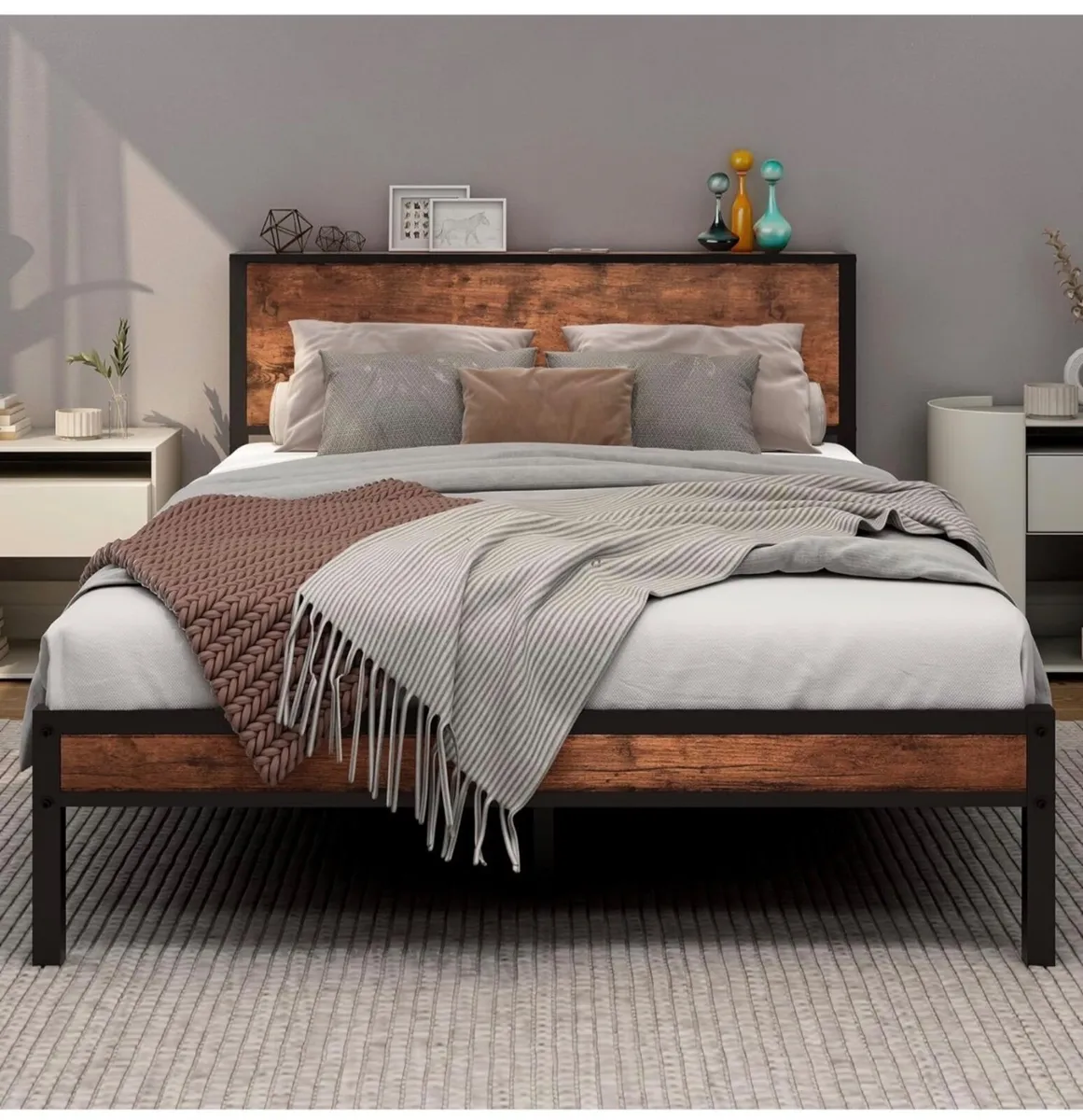 Double Bed Frame with Wooden Storage Shelf Headboa - Image 1