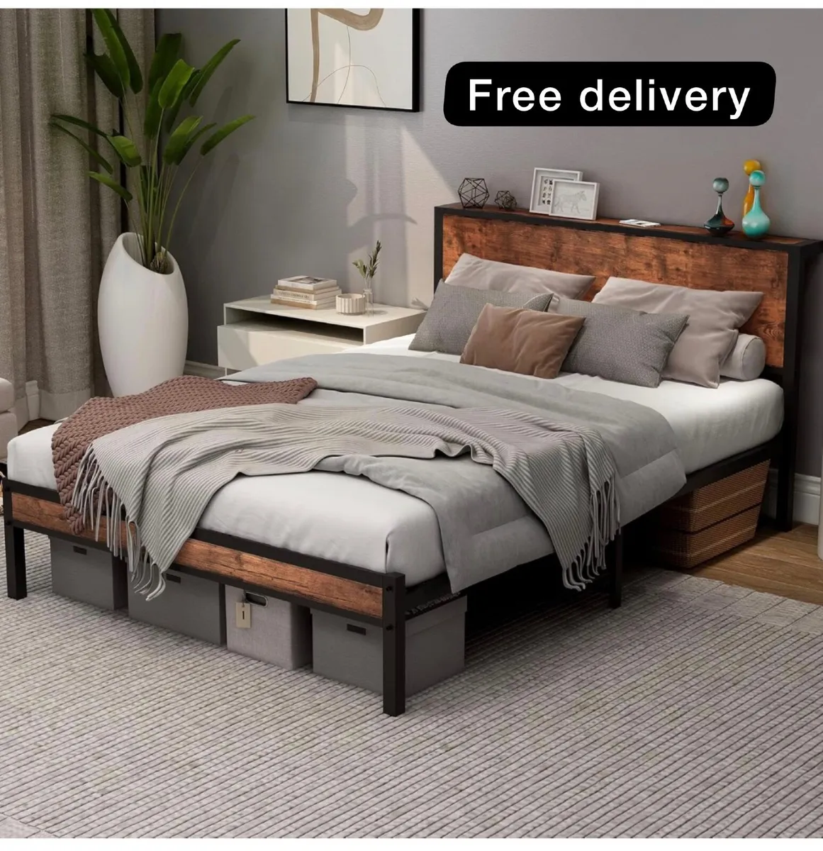 Double Bed Frame with Wooden Storage Shelf Headboa - Image 1