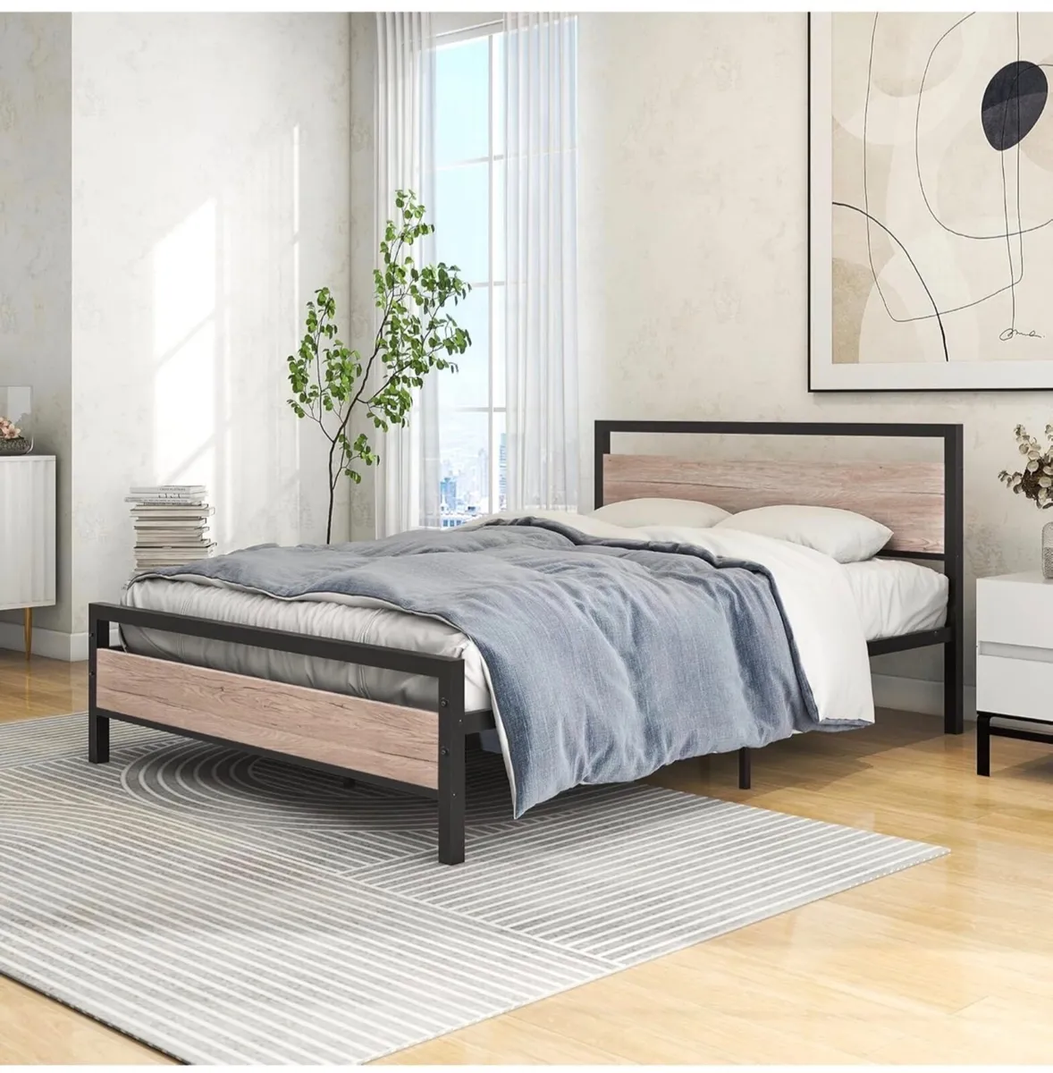 4ft6 Double Bed Frame with Wooden Headboard,Heavy - Image 1