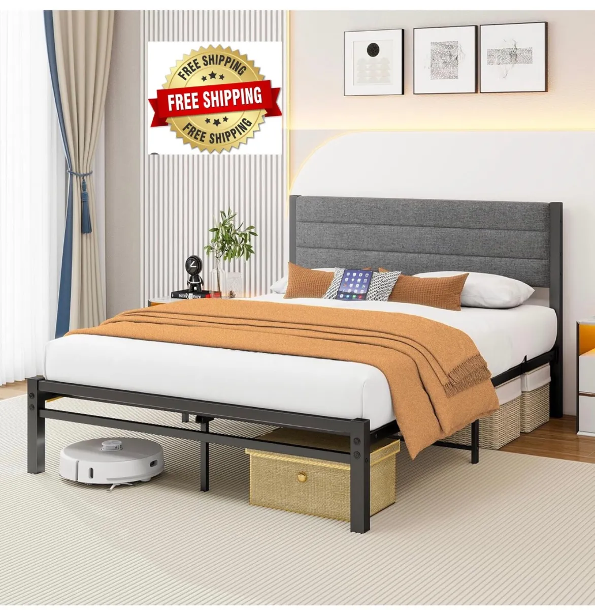Double Bed Frame with Storage 4ft6 Upholstered Bed - Image 1