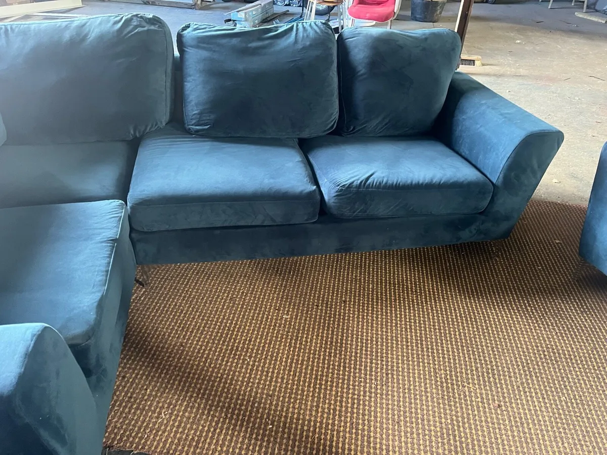 Blue corner sofa with matching armchair couch - Image 4