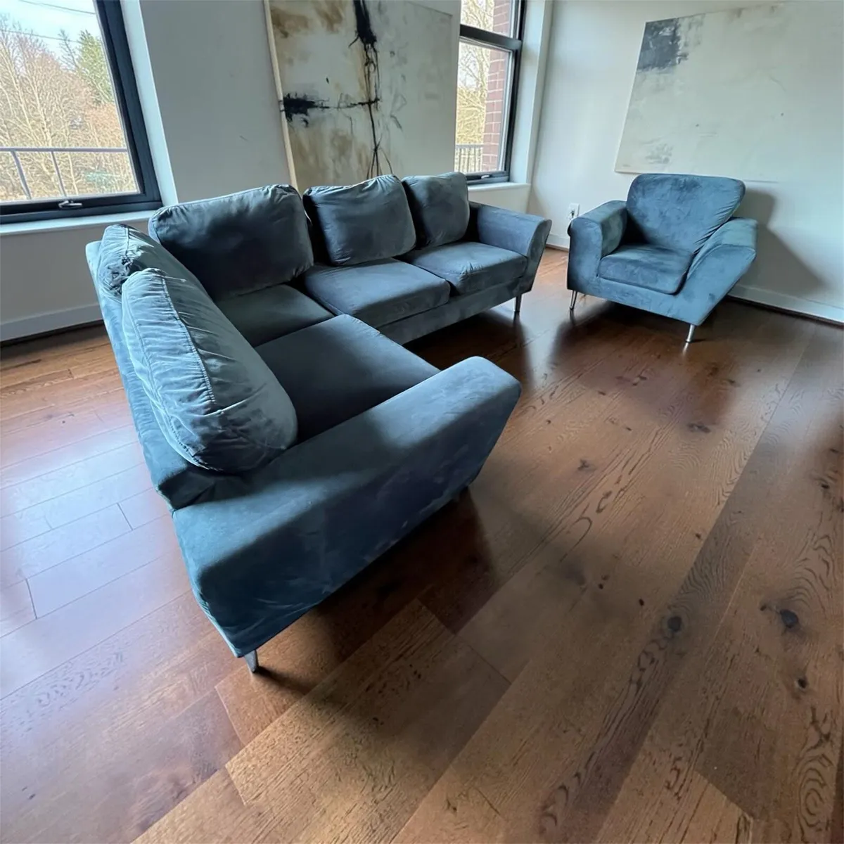 Blue corner sofa with matching armchair couch - Image 1