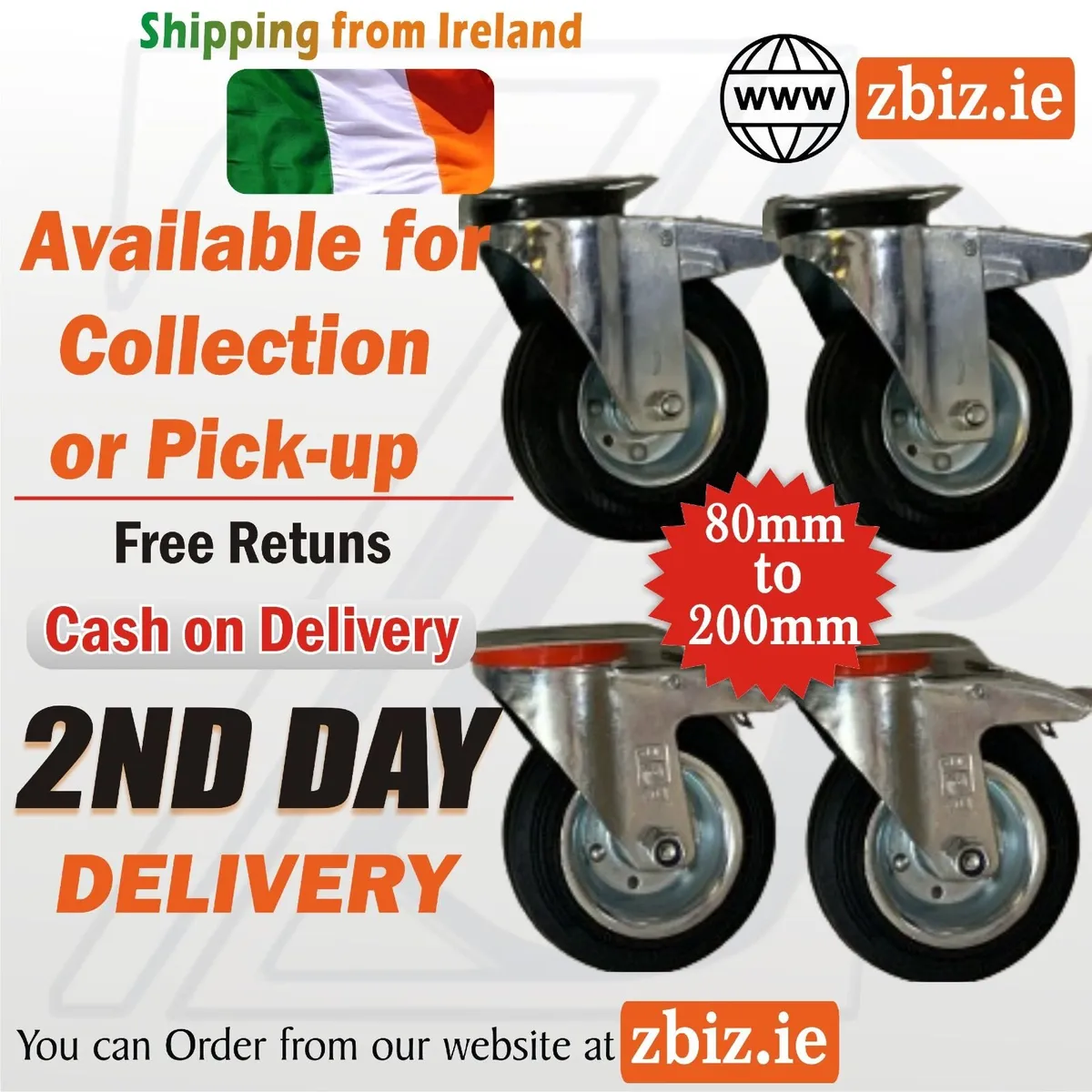200mm Castors black rubber 4 - swivel brake 200kg - Image 1