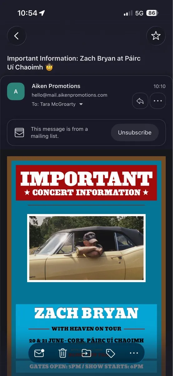 2 seated Zach Bryan tickets (Cork). €190 for both - Image 1