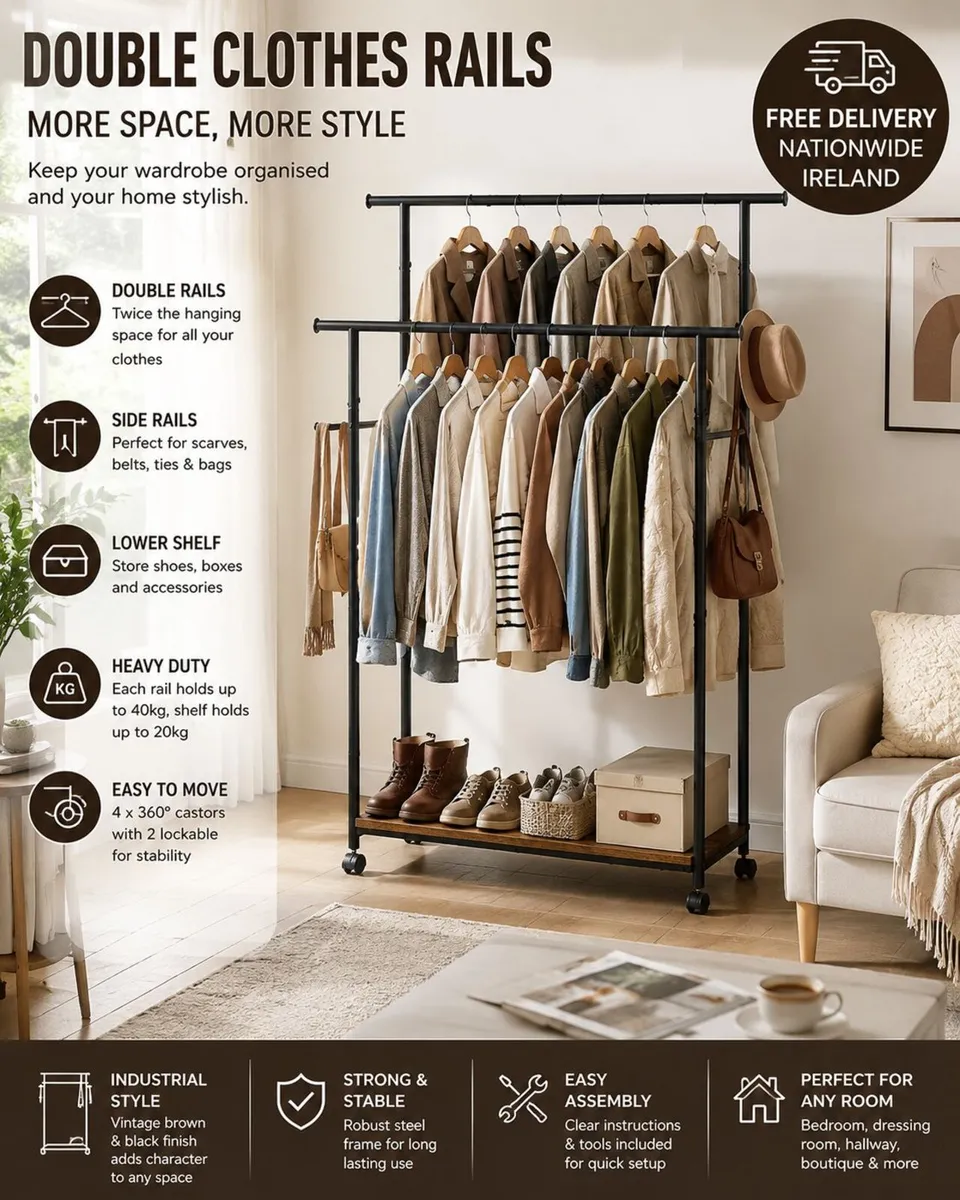 Industrial Double Clothes Rail with Wheels Heavy D - Image 1