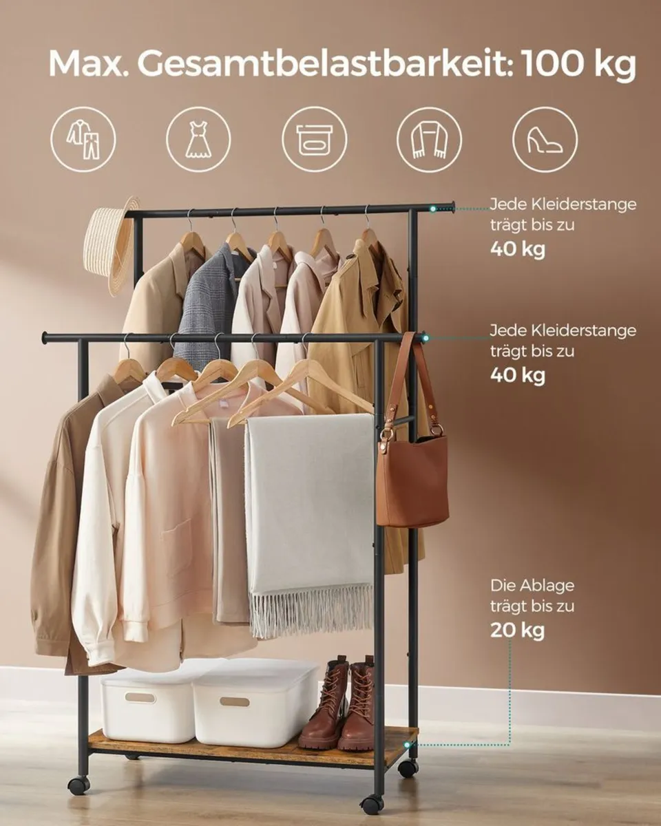 Industrial Double Clothes Rail with Wheels Heavy D - Image 3