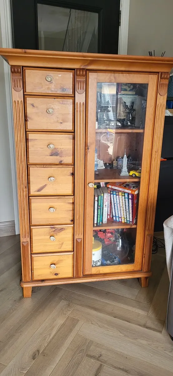 Wooden Display Cabinet 7 Drawers, Glass Door, Ligh - Image 1