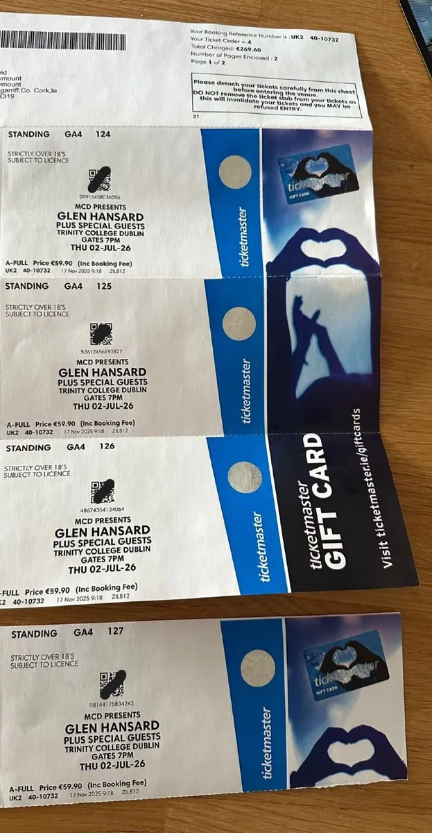 Glen Hansard concert - 4 tickets - July 2nd Dublin