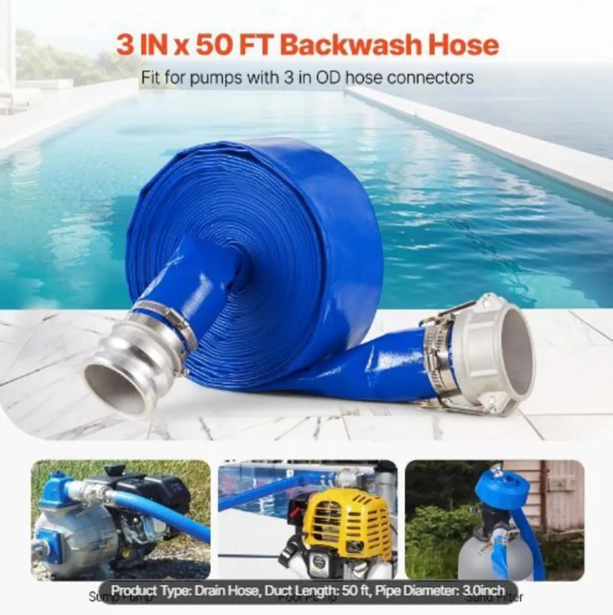 Backwash Hose, 76 mm(3 in) x 15.2 m(50 ft) - Image 1
