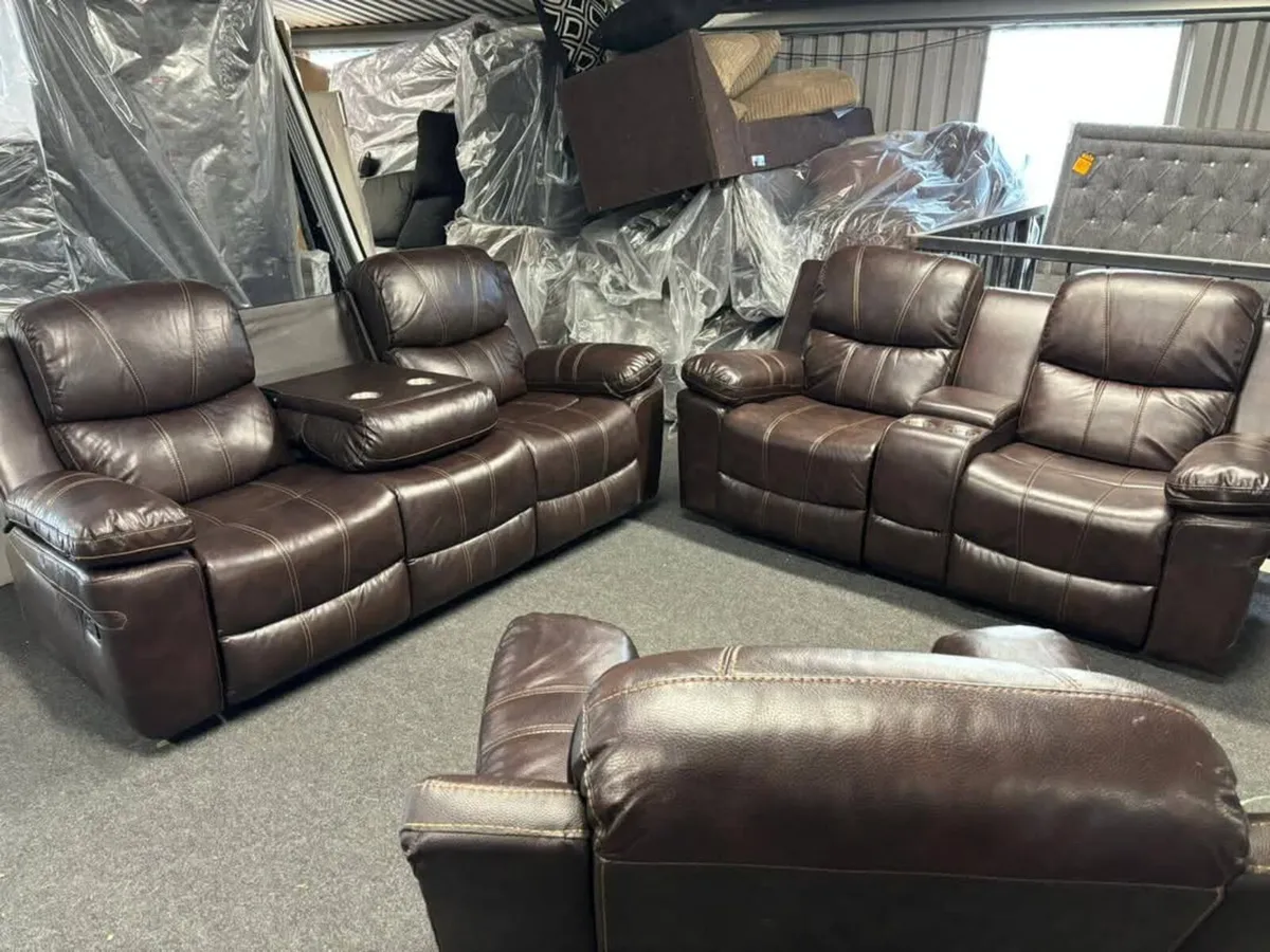 Brown Manual Leather Recliner Sofa Set - Image 2
