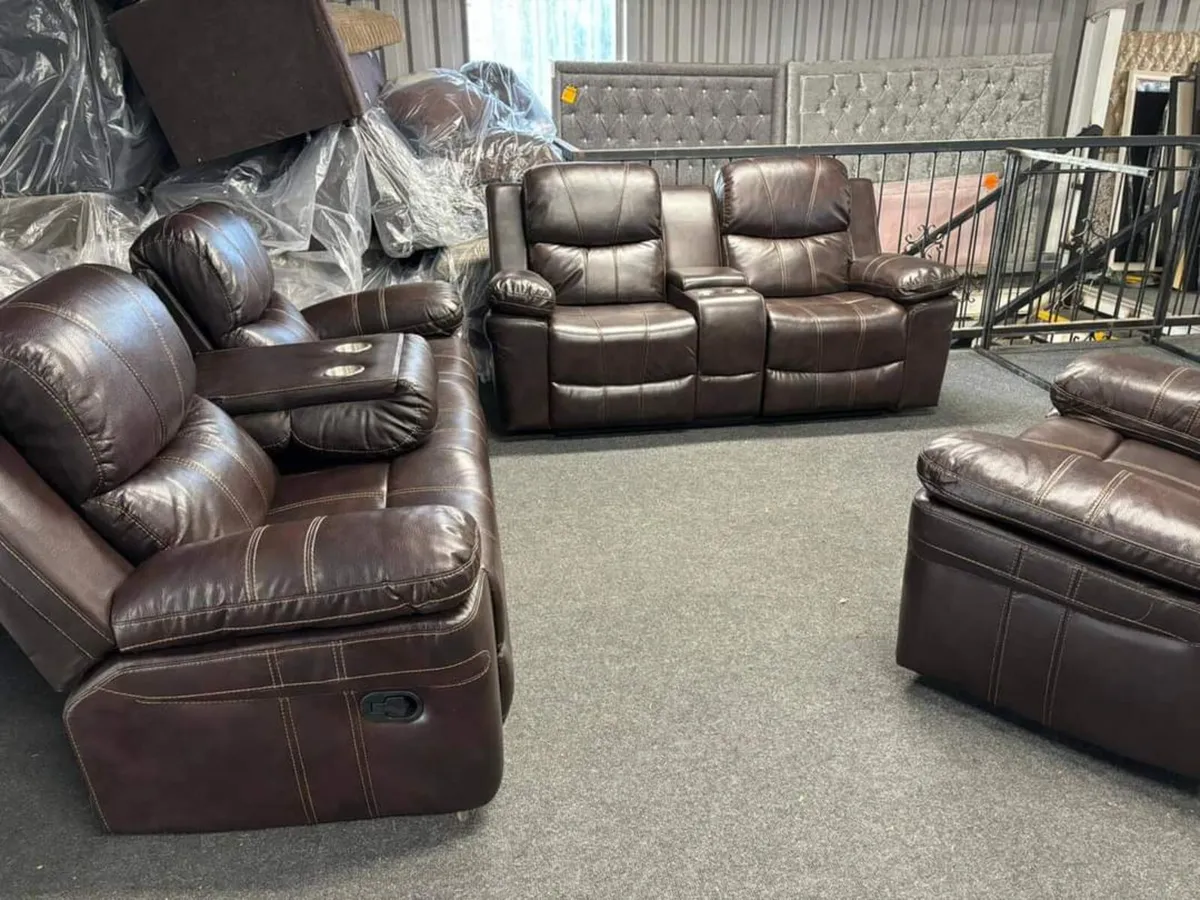 Brown Manual Leather Recliner Sofa Set - Image 3