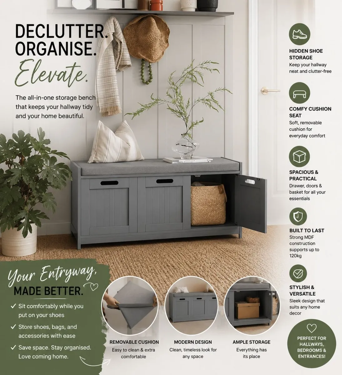 Hallway Storage Bench with Cushion Seat | Grey Sho - Image 2
