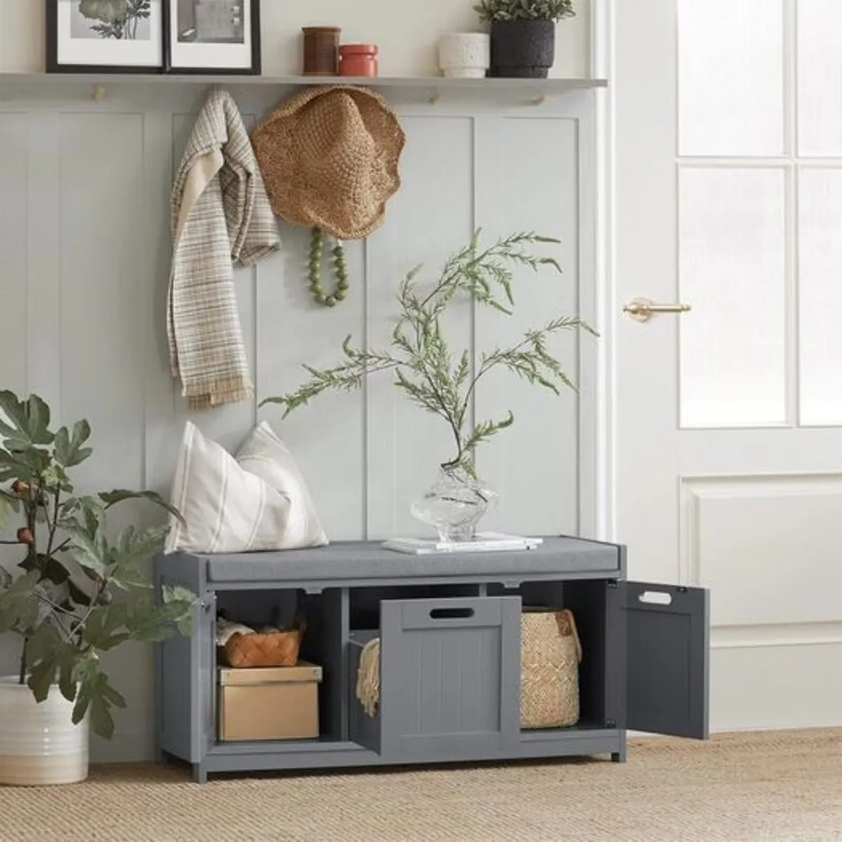 Hallway Storage Bench with Cushion Seat | Grey Sho - Image 3