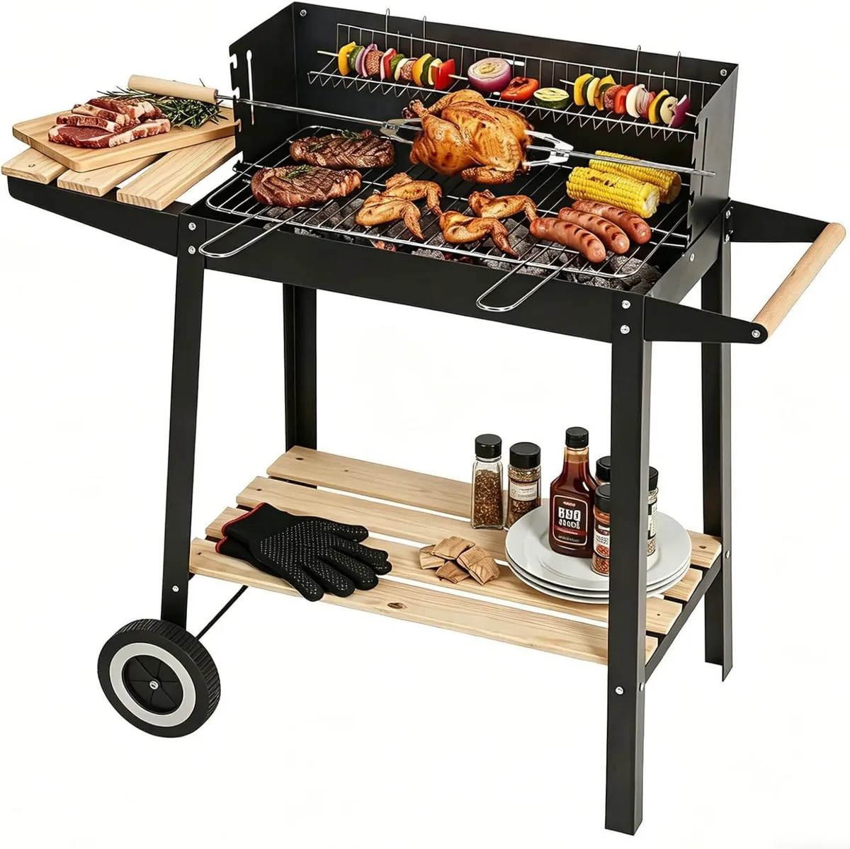Charcoal BBQ Grill Outdoor Trolley Cooking Station - Image 1