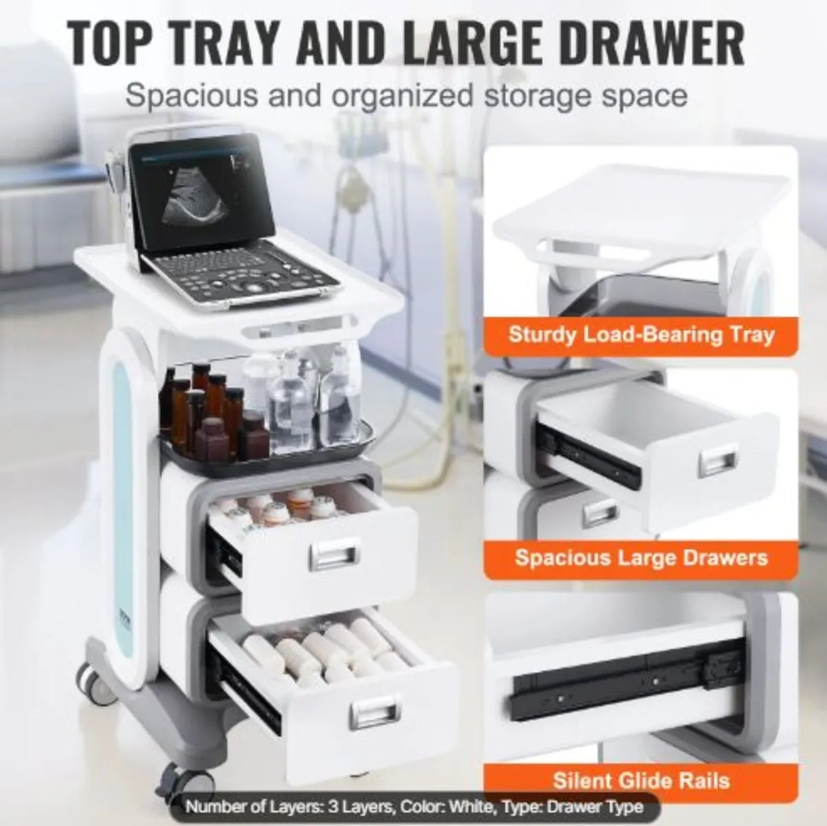 3 Tiers Lab Carts, Lab Utility Cart with 2 Drawer - Image 3