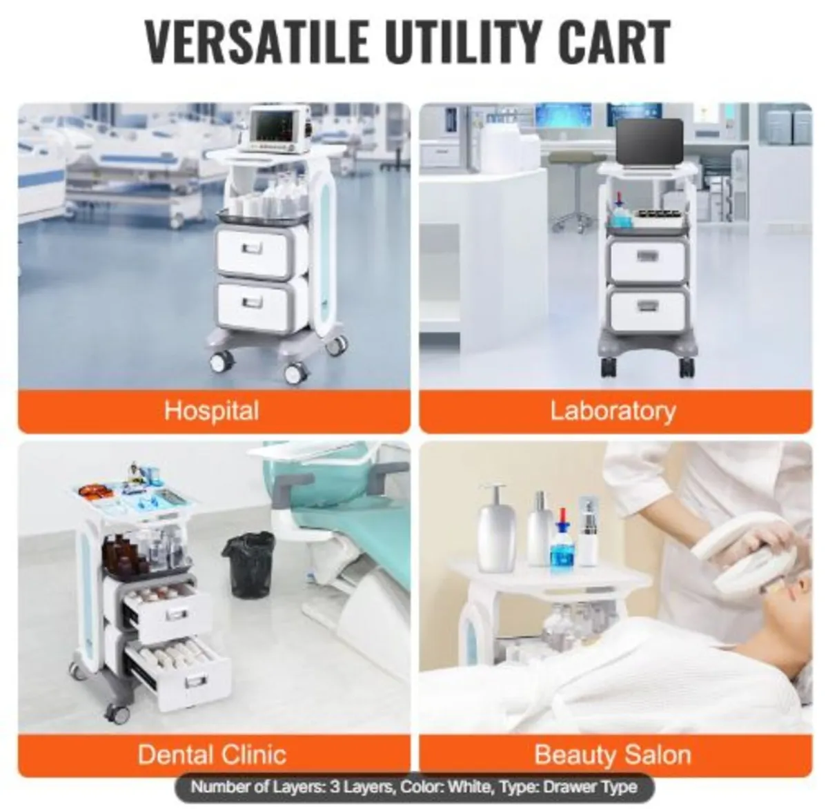 3 Tiers Lab Carts, Lab Utility Cart with 2 Drawer - Image 4