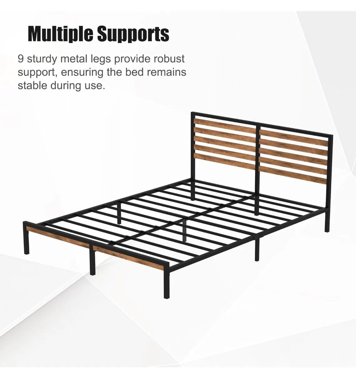King Bed Frame, Vintage Wooden Headboard, Metal Pl - Image 2