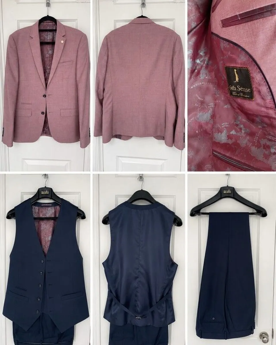 6th Sense Men's 3 Piece Suit and Kenton Modern Fit Navy Shirt - Image 1