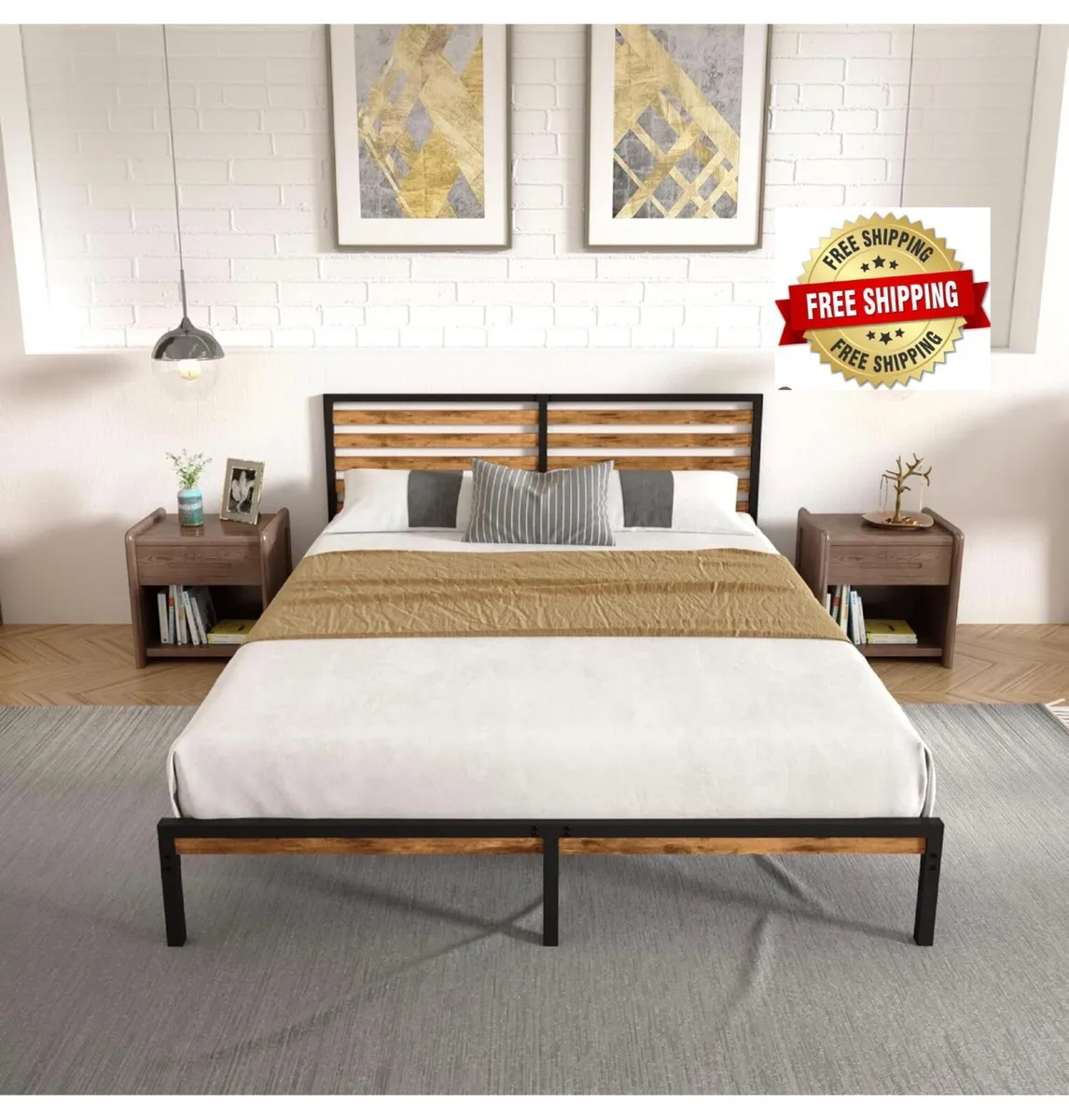 King Bed Frame, Vintage Wooden Headboard, Metal Pl - Image 1