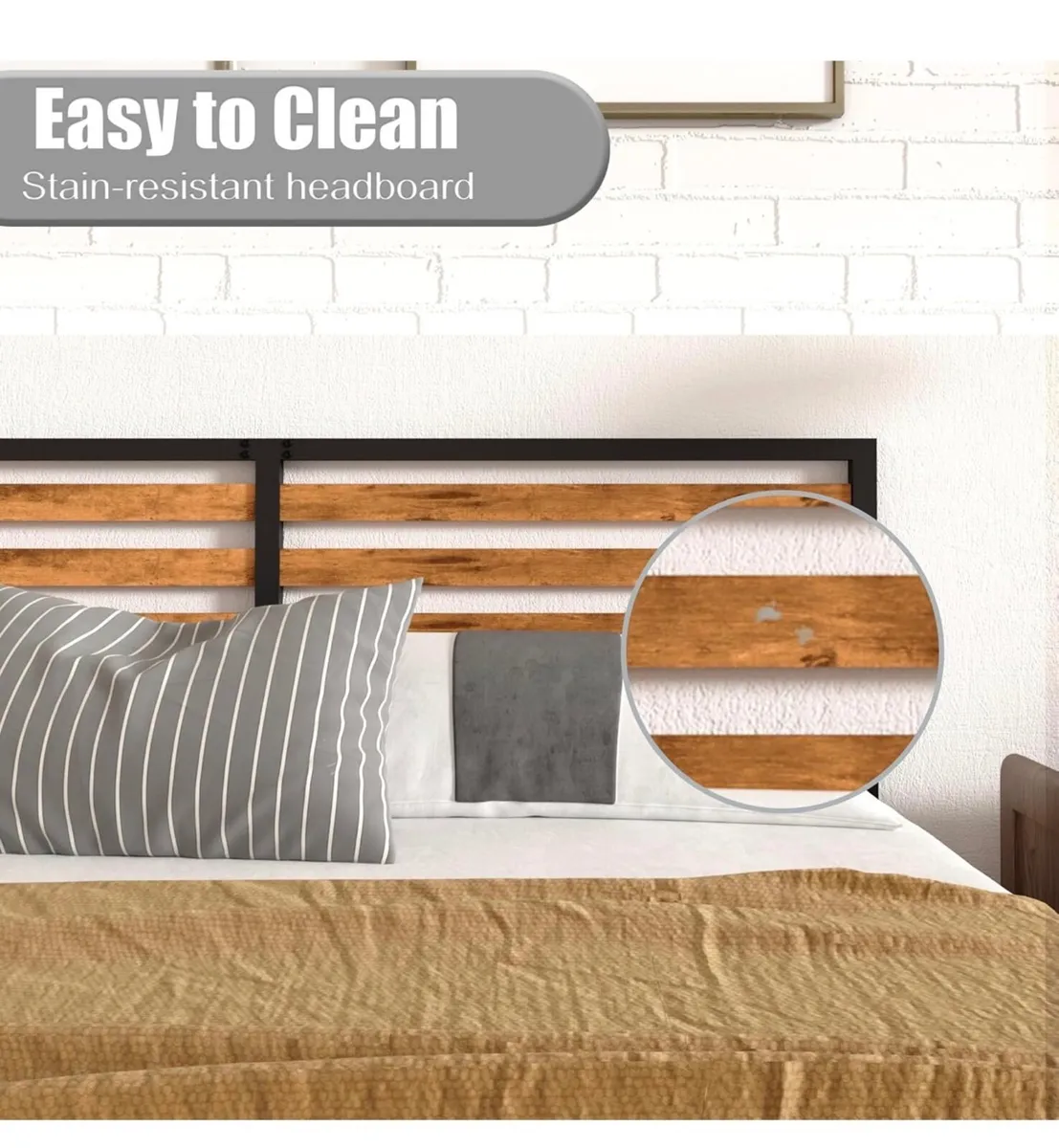King Bed Frame, Vintage Wooden Headboard, Metal Pl - Image 2