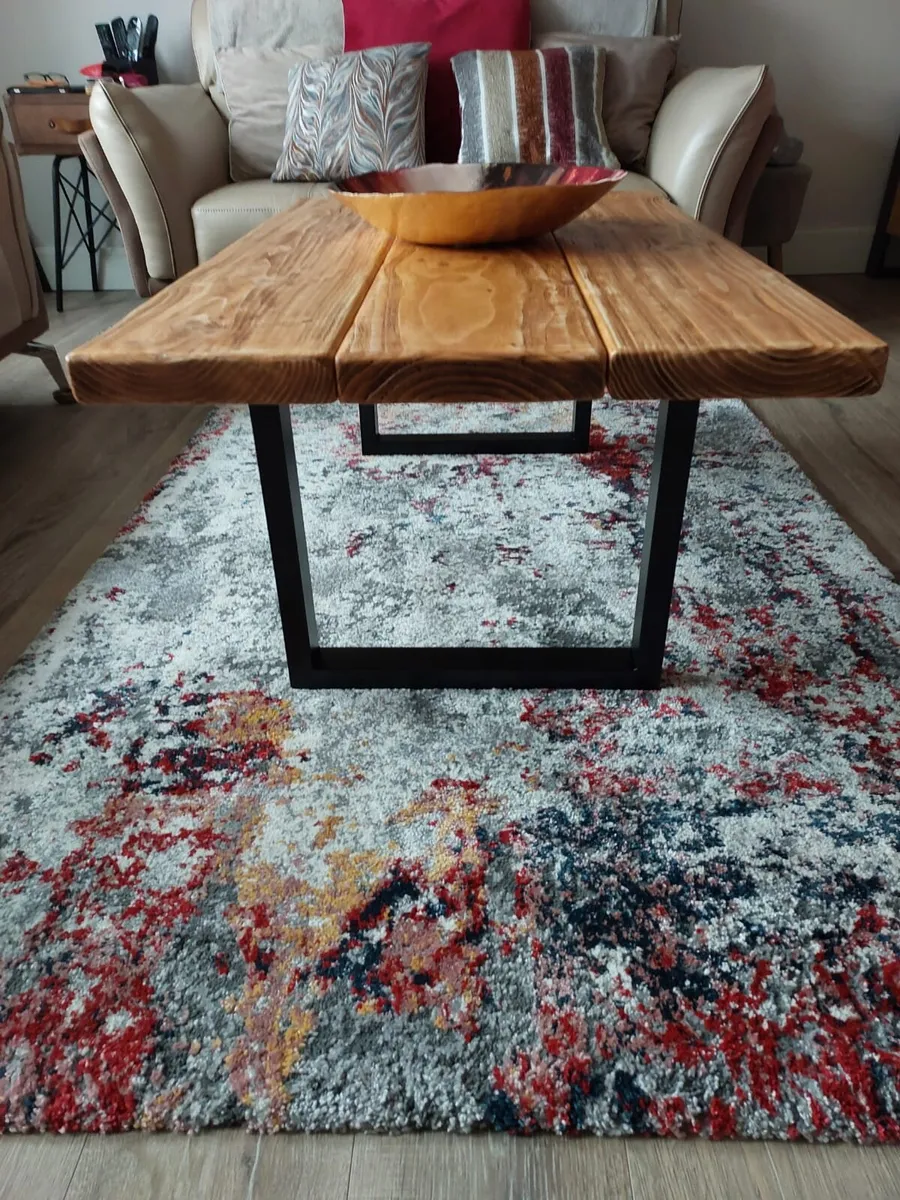 Rustic Coffee Table, Abstract Rug & Glass Bowl - Image 2