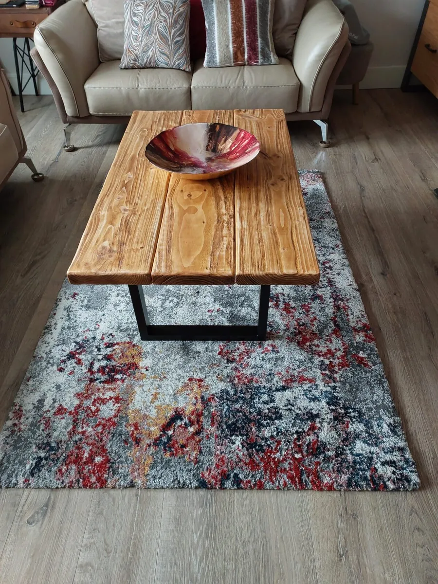 Rustic Coffee Table, Abstract Rug & Glass Bowl - Image 3