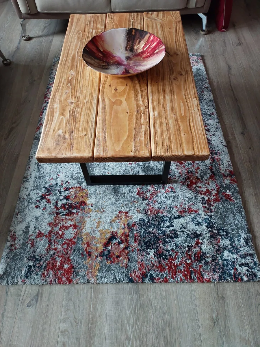 Rustic Coffee Table, Abstract Rug & Glass Bowl - Image 4