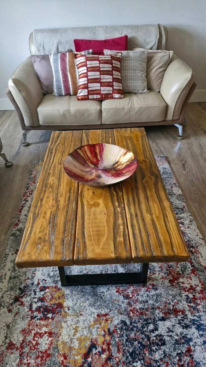 Rustic Coffee Table, Abstract Rug & Glass Bowl - Image 1