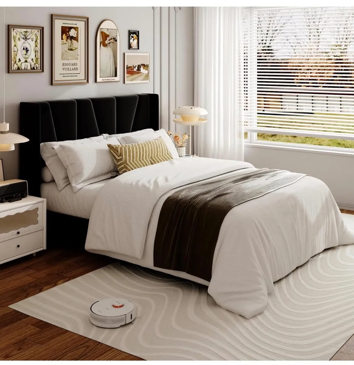 Double Bed Frame with Headboard, Velvet Geometric - Image 1
