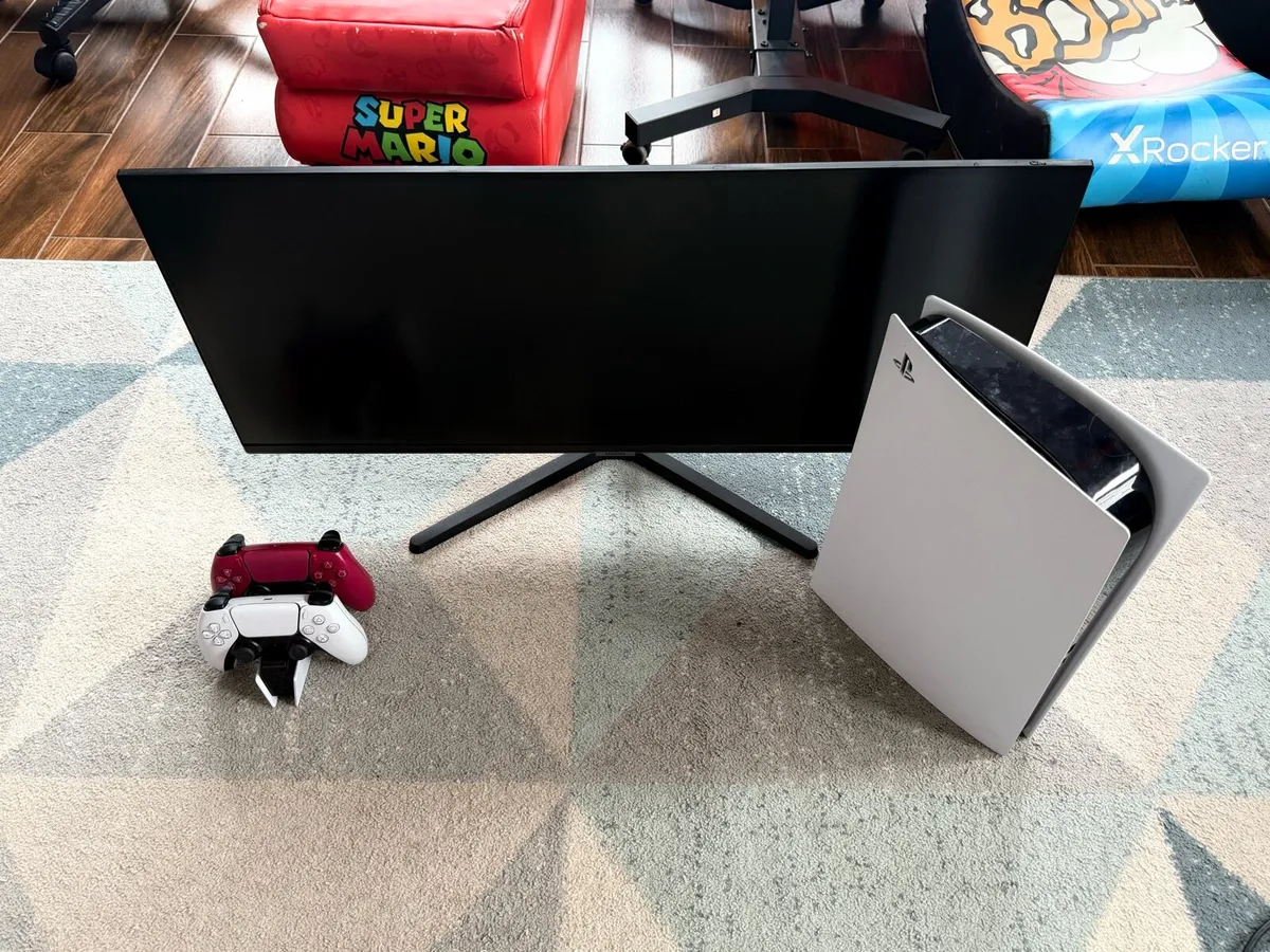 PS5 with 2 controllers and 30” gaming monitor - Image 2