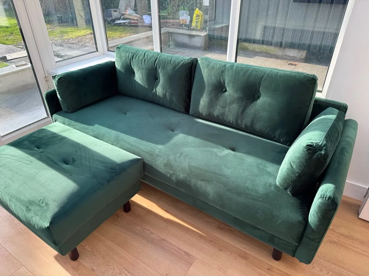 Suri Green Velvet 3 Seater Sofa & Footstool - Image 1