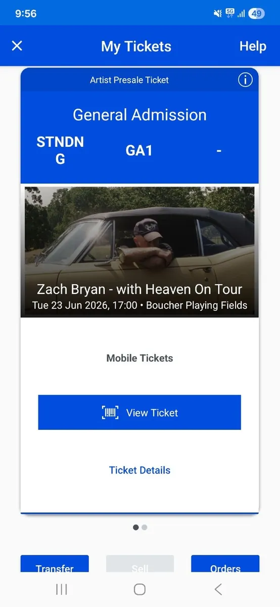 2 x Zach Byran tickets Belfast Tue 23rd
